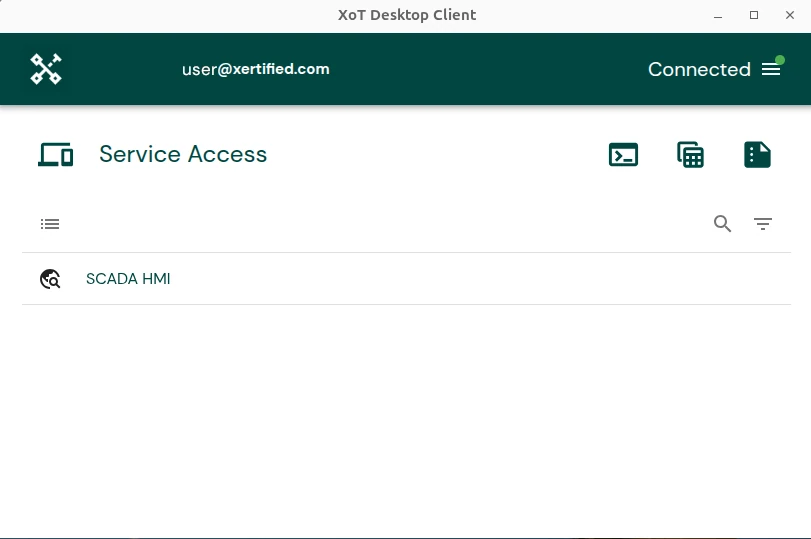 Screenshot of the XoT-Desktop Client. The user is connected. The list shows one service, a SCADA system.