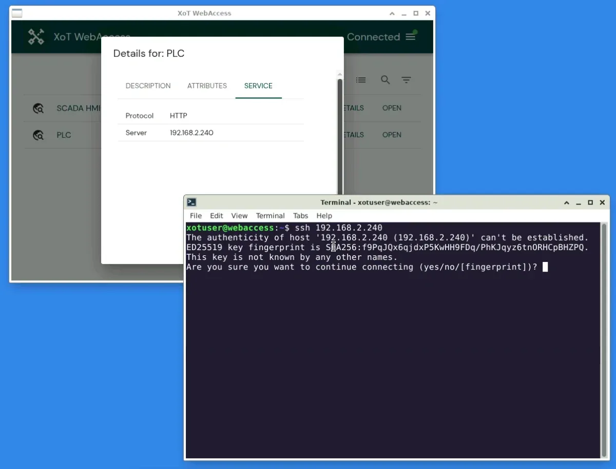 Screenshot of XoT-WebAccess. One window shows details for a controller. A terminal window opens an SSH connection to it.